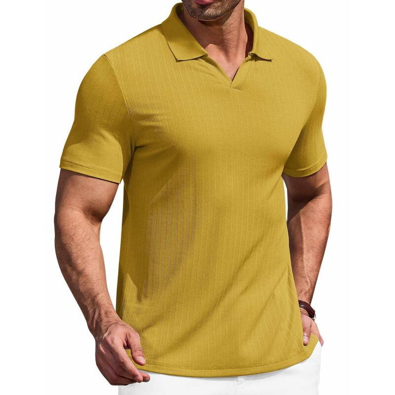 クーファンディ メンズ トップス Tシャツ スリムフィット Vネック ポロシャツ リブ ニット COOFANDY Men' Muscle V Neck Polo Shirtslim Fit Short Sleeve Golf T-Shirts Ribbed Knit Softees Yellow イエロー｜ReVida 店 9,706円