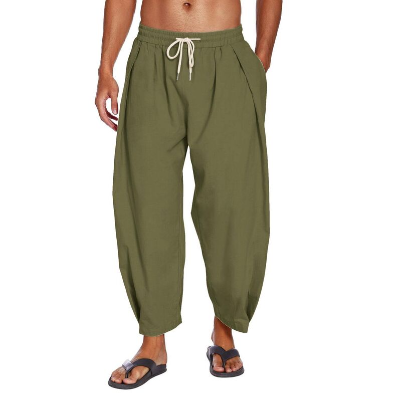 クーファンディ メンズ ボトムス カジュアルパンツ コットン リネン COOFANDY Men' Cotton Linen Pants Loose Fit Lightweight Beach Pants Elastic Waist Casual Yoga Pants Army Green グリーン｜ReVida 店