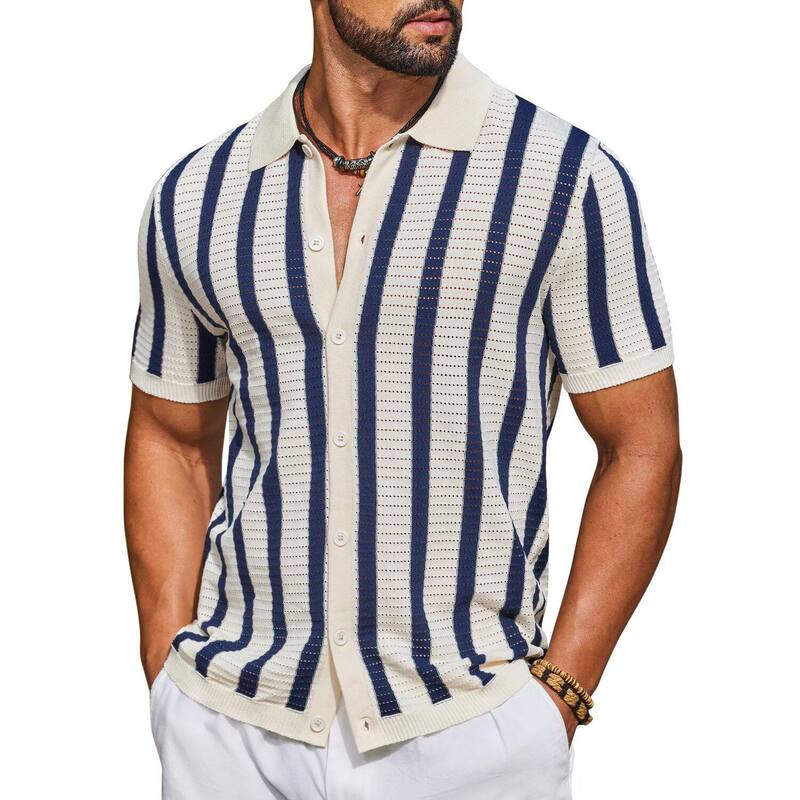 クーファンディ メンズ トップス Tシャツ ボタンダウン ポロシャツ ダウン ニット COOFANDY Men' Knit Beach Shirtshort Sleeve Casual Button Down Shirt Fashion Summer Knitted Polo Beige Navy Blue ネイビー｜ReVida 店