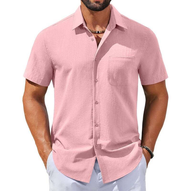 クーファンディ メンズ トップス Tシャツ ボタンダウン リネン COOFANDY Mens Linen Shirtshort Sleeve Button Down Shirts Casual Beach Vacation Shirts Pink ピンク｜ReVida 店