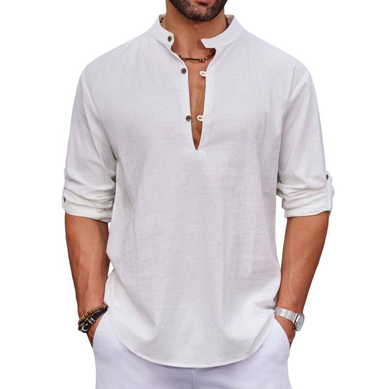クーファンディ メンズ トップス Tシャツ コットン リネン COOFANDY Mens Cotton Linen Shirts Casual T Shirts Long Sleeve Beachippie Yoga Tops White ホワイト｜ReVida 店