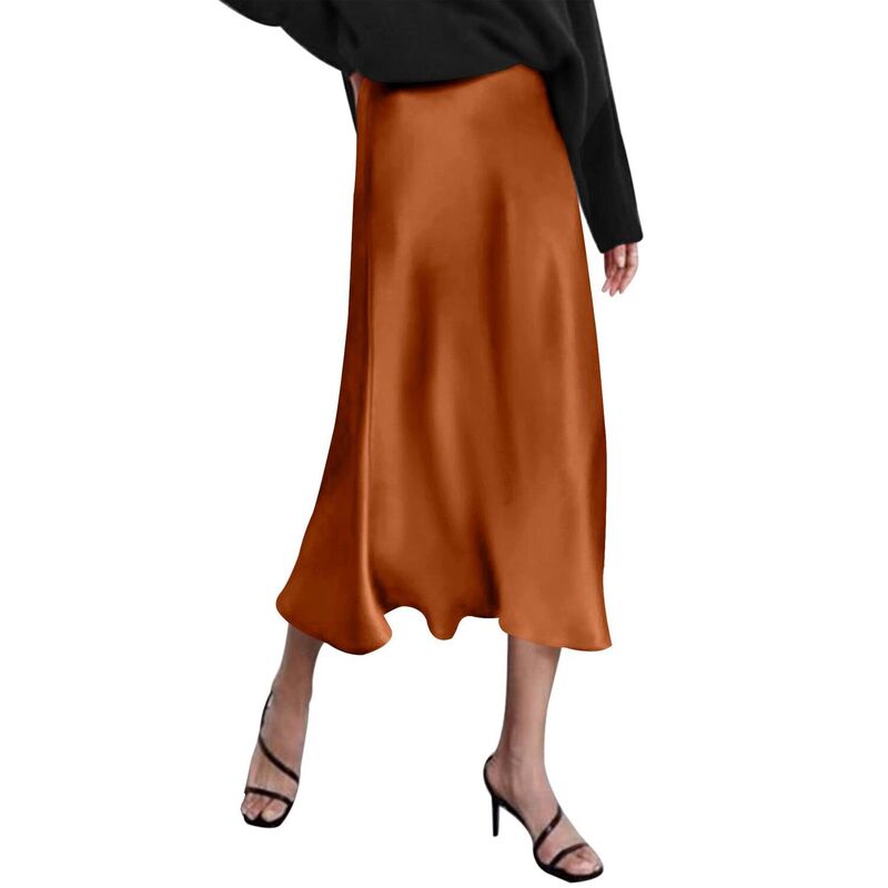 ジーグー レディース ボトムスカート ハイウエスト ミディ サテン シルク Zeagoo Women Satin Skirts for Women Silk Midi Length Skirt High Waist Solid Skirts Elegant Dark Brown ブラウン｜ReVida 店