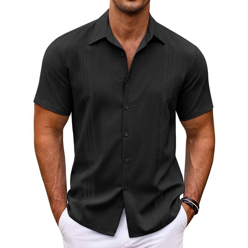 クーファンディ メンズ トップス Tシャツ ボタンダウン COOFANDY Men' Beach Shirtshort Sleeve Casual Button Down Shirts Cuban Shirts Black ブラック｜ReVida 店 9,571円