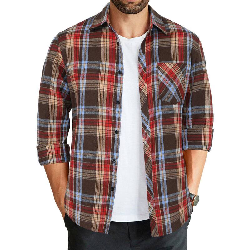 クーファンディ メンズ トップス Tシャツ COOFANDY Men' Untucked Shirts Long Sleeve Plaid Flannel Shirt Lightweight Fall Brown ブラウン｜ReVida 店
