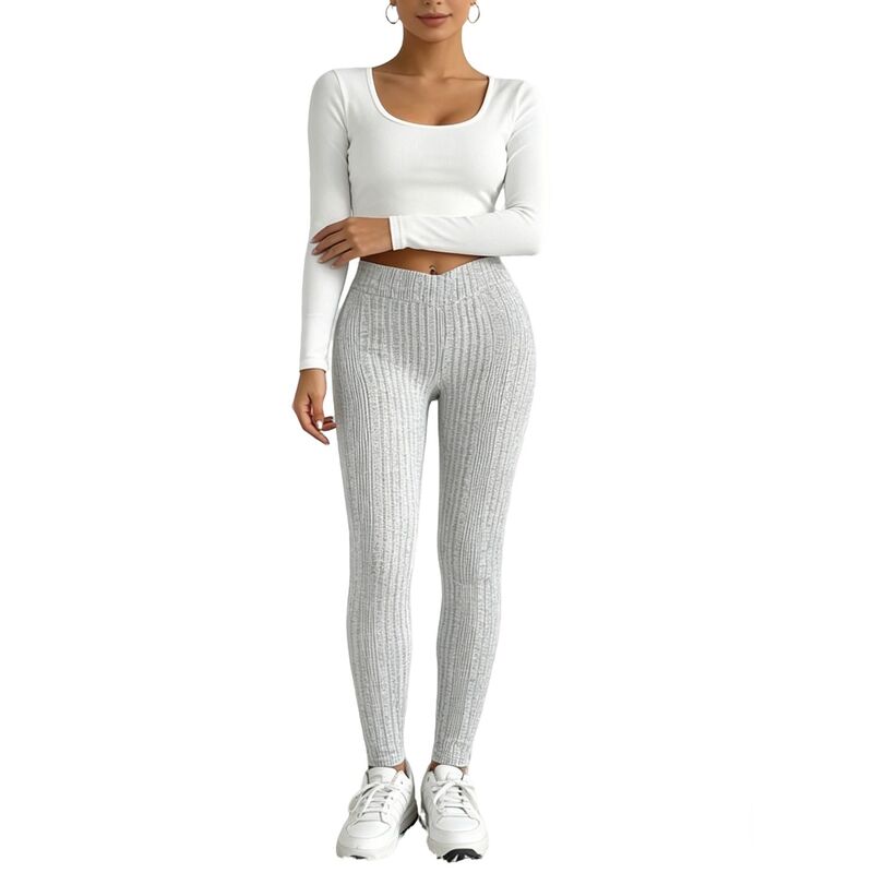 エリートスピリット レディース ボトムス カジュアルパンツ スリムフィット ハイウエスト リブ レギンス ニット EliteSpirit Women'summer Casual Ribbed Knit High Waist Leggings V-Front Seamless Long Slim Fit Pants Gray グレー|ReVida 店