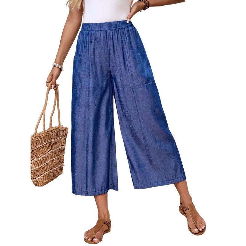 クリアフラワー レディース ボトムス カジュアルパンツ ワイドレッグ クロップド ClearFlower Women's Elastic Waist Wide Leg Straight Cropped Pantsummer Casualoose Fitrousers With Pockets Blue ブルー|ReVida 店