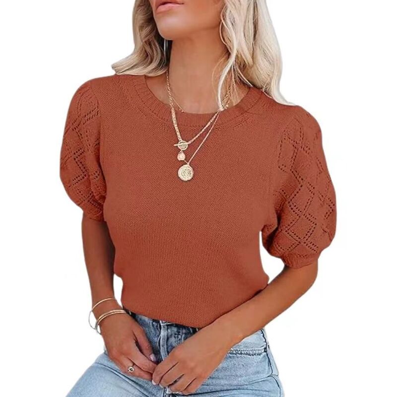 クリアフラワー レディース アウター ニット・セーター クルーネック ClearFlower Womenshort Sleeve Sweaters Crewnecknit Pullover Topsummer Casualightweight Sweaters Brick Red レッド|ReVida 店