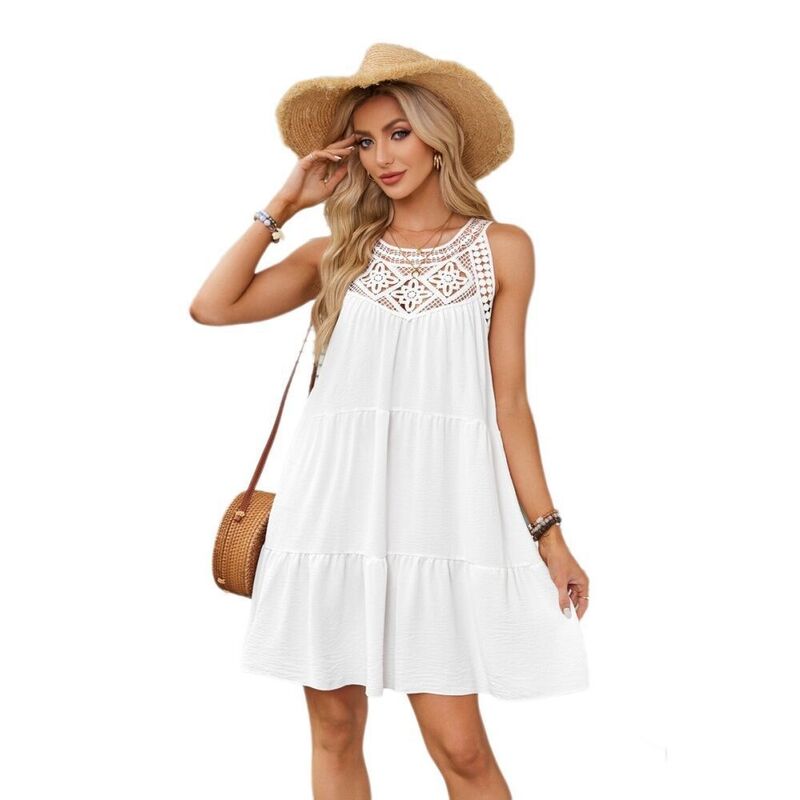 イエスファッション レディース トップス ワンピース A ライン ミニ ノースリーブ Yesfashion Women Casual Sleeveless Dresses Bohollow Out Neck A-Line Sundress Beach Summer Mini Dresses White ホワイト｜ReVida 店 10,380円