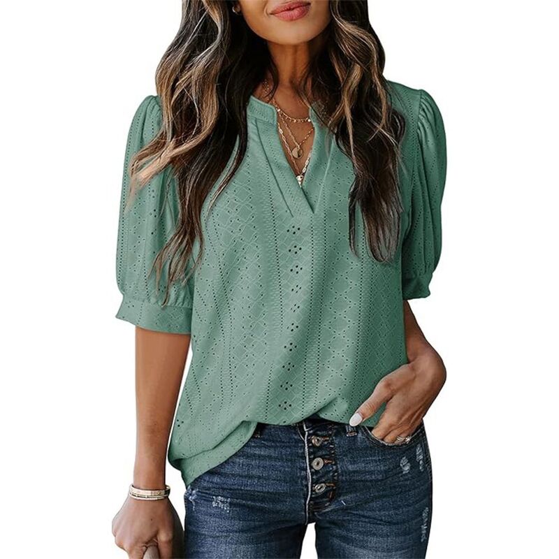 ボディサイズ レディース トップス シャツ Vネック BODDYSIZE Women's Casual V-Neck Short Sleeve T-Shirt Hollow Out Puff Sleeve Solid Color Shirt Dark Green グリーン|ReVida 店