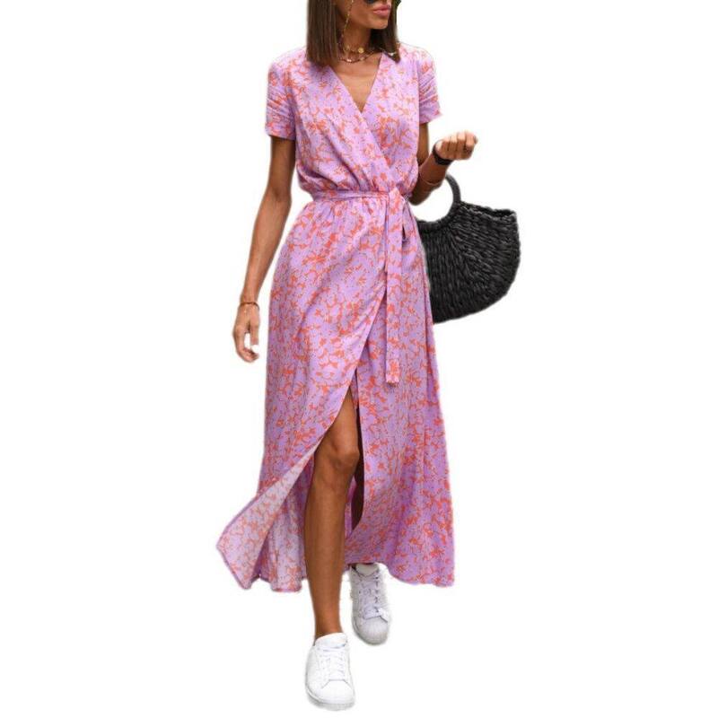 イエスファッション レディース トップス ワンピース Vネック Yesfashion Women's Boho Dresshort Sleeve Wrap V Neck Long Flowy Causal Beach Summer Travel Dresses Pink ピンク｜ReVida 店
