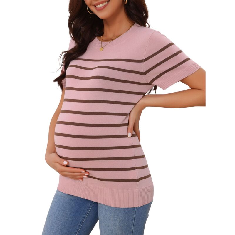 インスパイア シック レディース トップス シャツ セーター ブラウス ニット マタニティ INSPIRE CHIC Women's Maternity Top Stretchy Knit Sweater Short Sleeve Summer Pregnancy Round Neck Blouse Gray Pink グレー｜ReVida 店