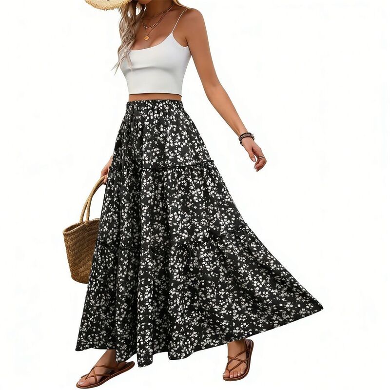 イエスファッション レディース ボトムスカート フラワー柄 プリーツ フラワー Yesfashion Women's Boho Floral Skirts High Waisted Flowy Swing Pleated Beach Long Skirt Black Flower ブラック｜ReVida 店