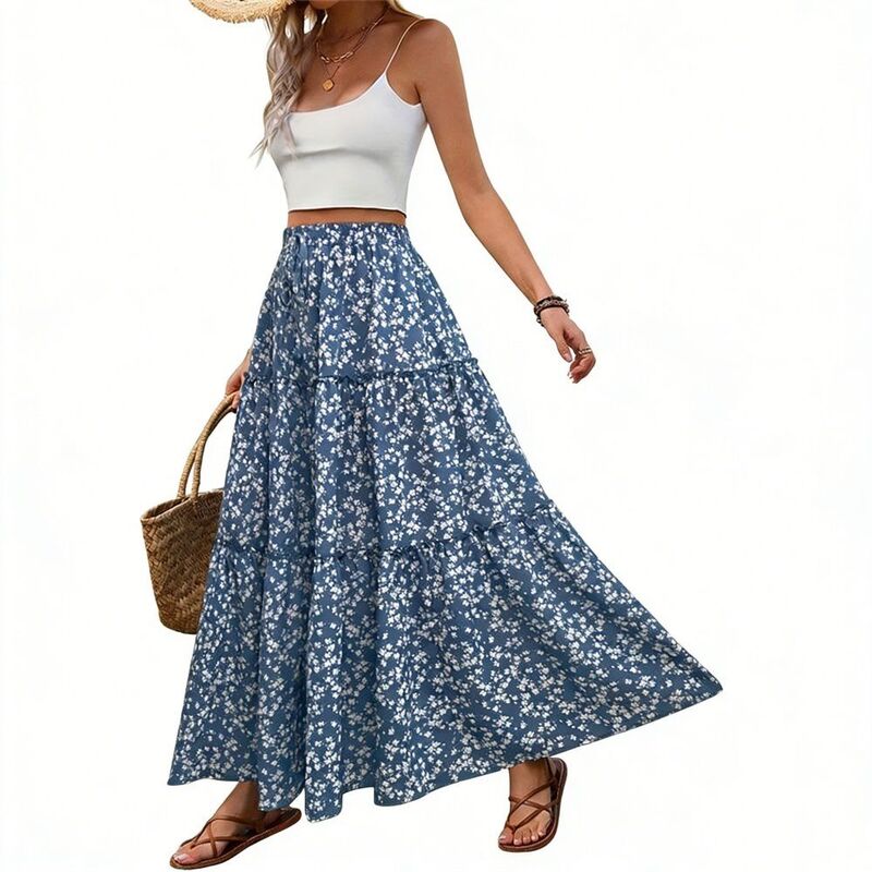 イエスファッション レディース ボトムスカート フラワー柄 プリーツ フラワー Yesfashion Women's Boho Floral Skirts High Waisted Flowy Swing Pleated Beach Long Skirt Blue Flower ブルー｜ReVida 店