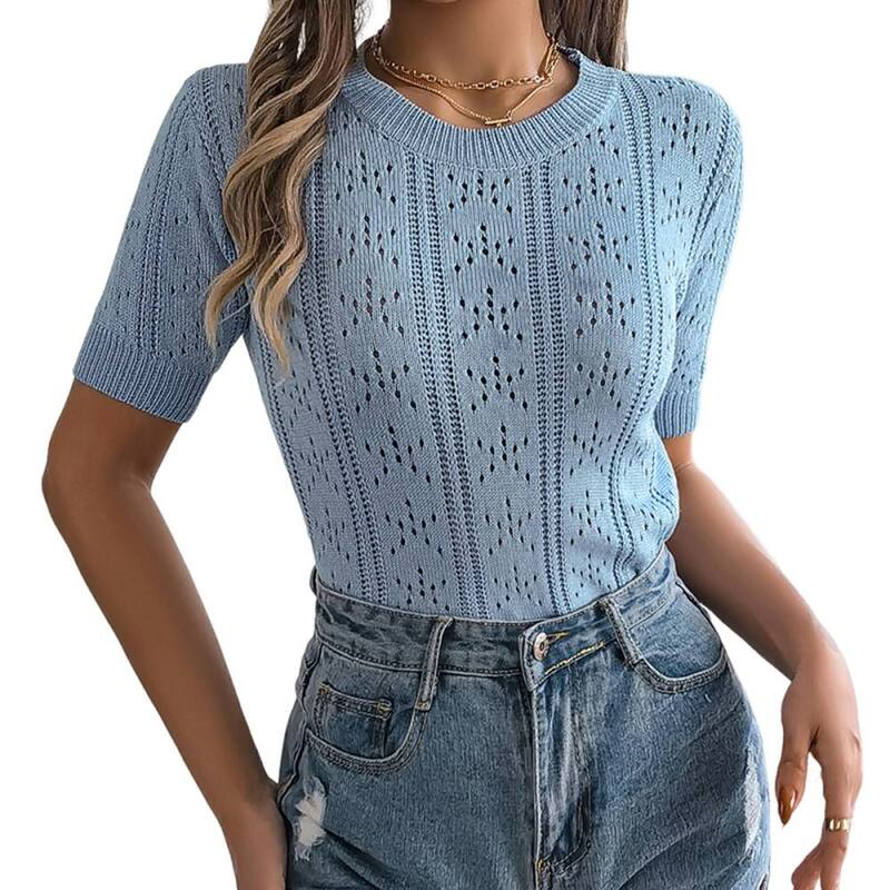 ジョイジョイ レディース アウター ニット・セーター クルーネック ブラウス JoyJoy Summer Puff Short Sleeve Tops Women Cute Crew Neck Crochet Blouse Dressy Casual Thin Pullover Tops Light Blue ブルー|ReVida 店