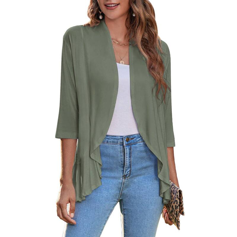 ジーグー レディース アウター ニット・セーター ドレープ フリル カーディガン Zeagoo Women s Open Front 3/4 Sleeve Draped Ruffles Knit Cardigan Green グリーン｜ReVida 店