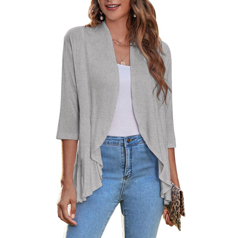 ジーグー レディース アウター ニット・セーター ドレープ フリル カーディガン Zeagoo Women s Open Front 3/4 Sleeve Draped Ruffles Knit Cardigan Light Grey グレー|ReVida 店