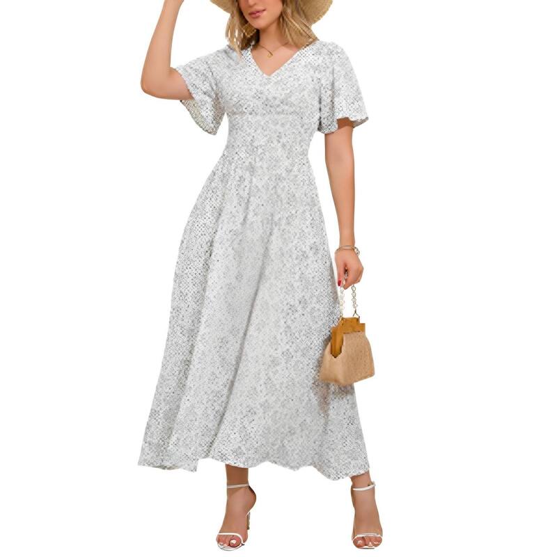 ジョイジョイ レディース トップス ワンピース Vネック フラワー柄 シャーリング マキシ フラワー JoyJoy Women's V Neck Flutter Sleeve Maxi Dressmocked Waist Split Floral Casual Sundress White ホワイト｜ReVida 店