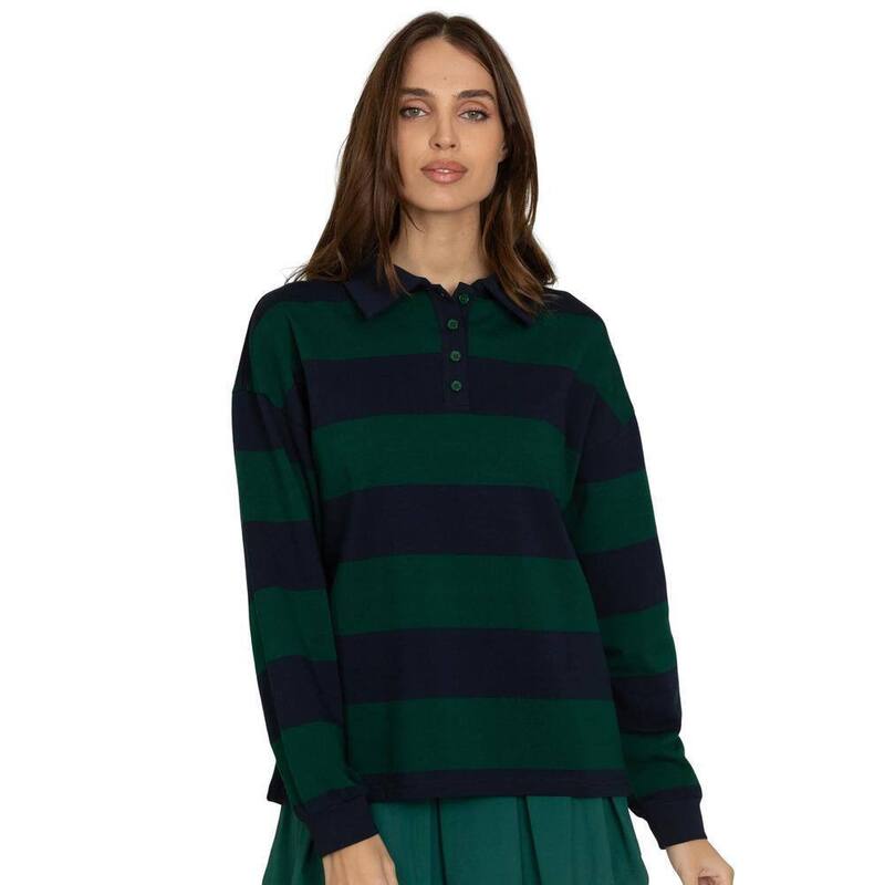 ボディサイズ レディース トップス シャツ スウェット BODDYSIZE Women's Long Sleeve Striped Polo Shirt Collar Pullover T Shirt Casualoose Streetwear Sweatshirt Dark Green グリーン|ReVida 店