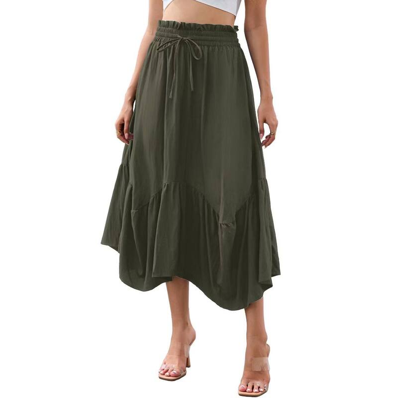 エリートスピリット レディース ボトムスカート ヴィンテージ フリル ミディ EliteSpirit Vintage Midi Skirt for Women Elastic Drawstring Renaissance Irregularuffle Flowy Boho Long Skirts Army Green グリーン｜ReVida 店