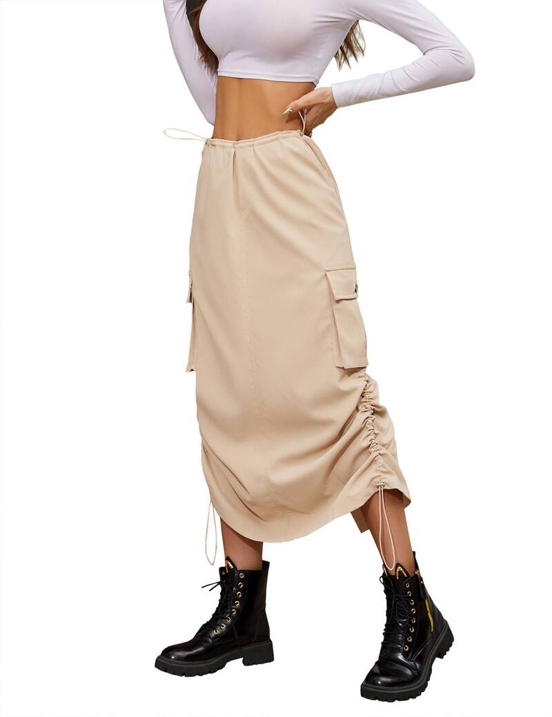 ファンジュライ レディース ボトムスカート ローライズ FUNJULY Women's Low Rise Cargo Skirt With Pockets Drawstring Apricot アプリコット｜ReVida 店