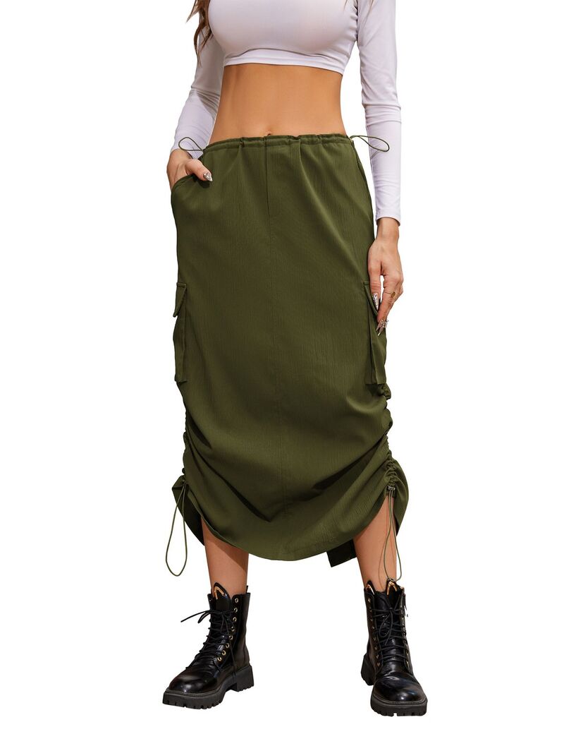 ファンジュライ レディース ボトムスカート ローライズ FUNJULY Women\'s Low Rise Cargo Skirt With Pockets Drawstring Army Green グリーン｜ReVida 店
