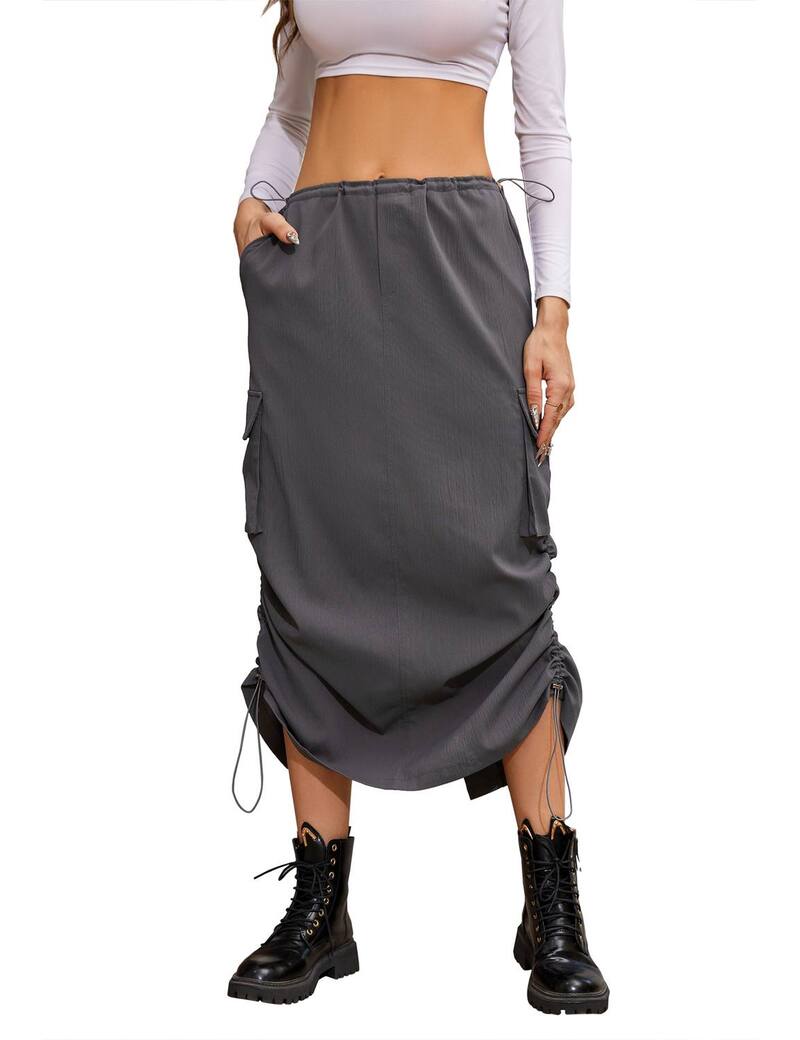ファンジュライ レディース ボトムスカート ローライズ FUNJULY Women\'s Low Rise Cargo Skirt With Pockets Drawstrin gray グレー｜ReVida 店