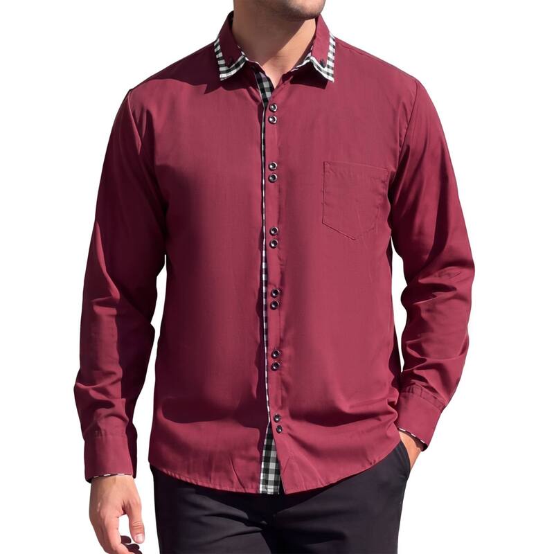 インスパイア シック メンズ トップス Tシャツ ボタンダウン コントラスト ダウン INSPIRE CHIC Men's Dresshirt Long Sleeve Button Down Contrast Plaid Collar Shirts Burgundy バーガンディ｜ReVida 店 9,706円