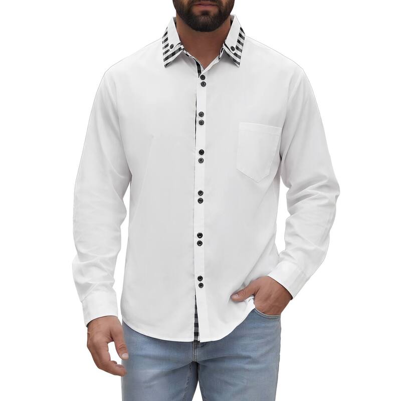 インスパイア シック メンズ トップス Tシャツ ボタンダウン コントラスト ダウン INSPIRE CHIC Men's Dresshirt Long Sleeve Button Down Contrast Plaid Collar Shirts White ホワイト｜ReVida 店 10,380円