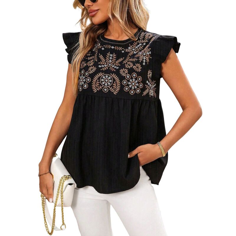 セオリア レディース トップス シャツ フリル 刺繍 ブラウス Seoria Women's Embroide red Ruffle Sleeve Peplum Blouse, Round Neck Casual Top Black ブラック|ReVida 店