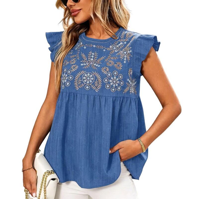 セオリア レディース トップス シャツ フリル 刺繍 ブラウス Seoria Women's Embroide red Ruffle Sleeve Peplum Blouse, Round Neck Casual Top Blue ブルー|ReVida 店