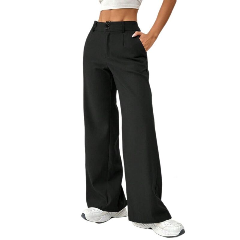 イエスファッション レディース ボトムス カジュアルパンツ ワイドレッグ Yesfashion Women'solid Color High Waisted Stretchy Straight Wide Leg Pants Black ブラック｜ReVida 店