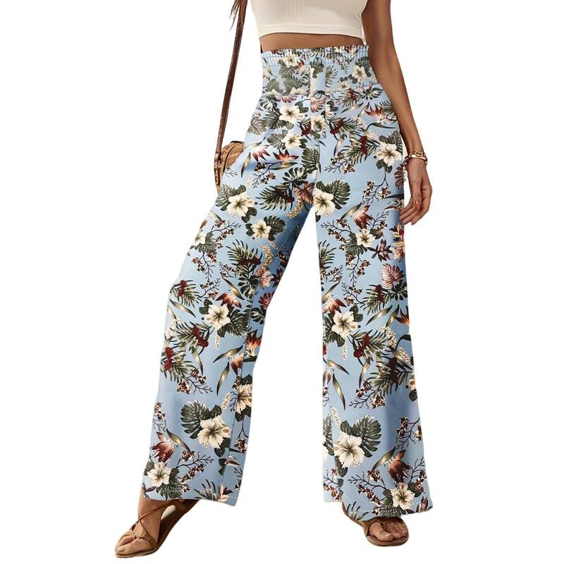 クリアフラワー レディース ボトムス カジュアルパンツ ワイドレッグ ハイウエスト フラワー柄 シャーリング ClearFlower Women &rsquo; s High Waist Floral Wide Leg Pants, Smocked Waist Casual Trousers for Beach Vacation Blue ブルー｜ReVida 店