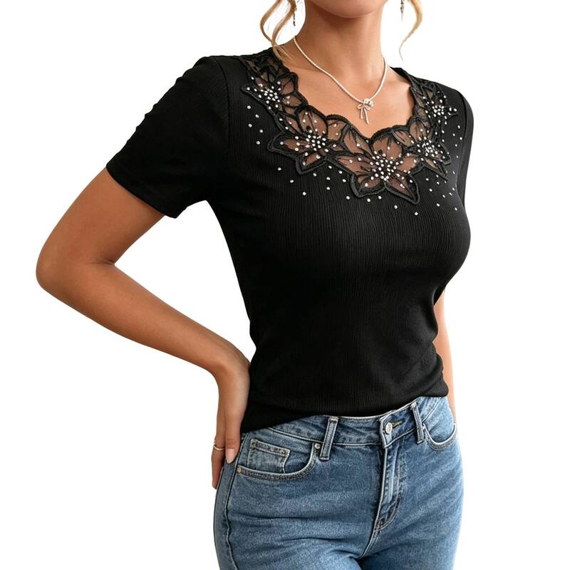 クリアフラワー レディース トップス シャツ リブラウス レース ClearFlower Womens Ribbed Short Sleeve Top Lace Neck Rhinestone Fitted Casual Blouse Shirt Black ブラック|ReVida 店