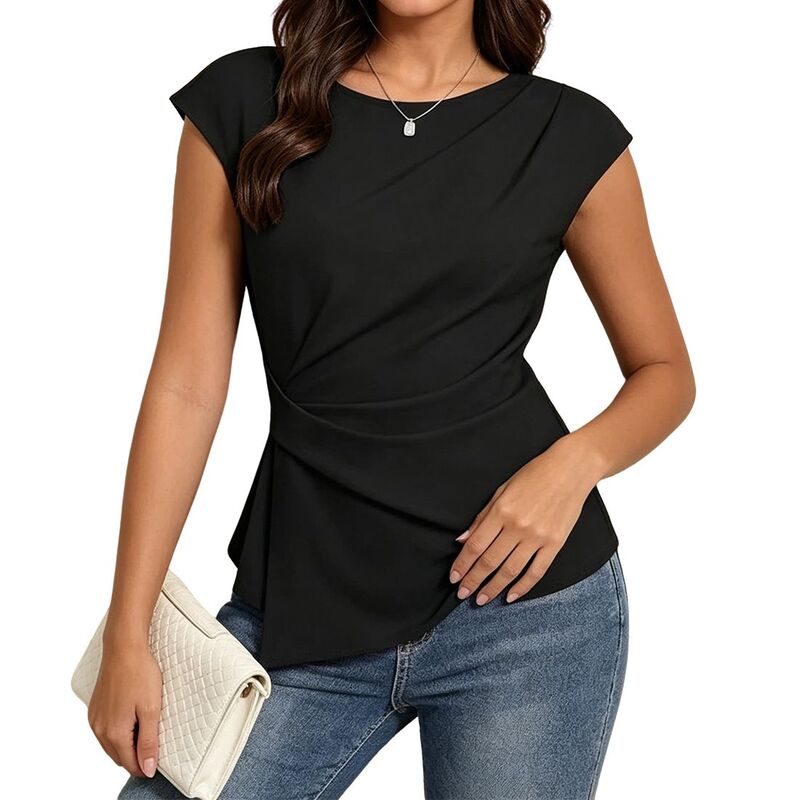 クリアフラワー レディース トップス シャツ アシンメトリー キャップ ClearFlower Womens Cap Sleeve Round Neck Top Side Twist Asymmetrical Hem Casual Tops Black ブラック|ReVida 店