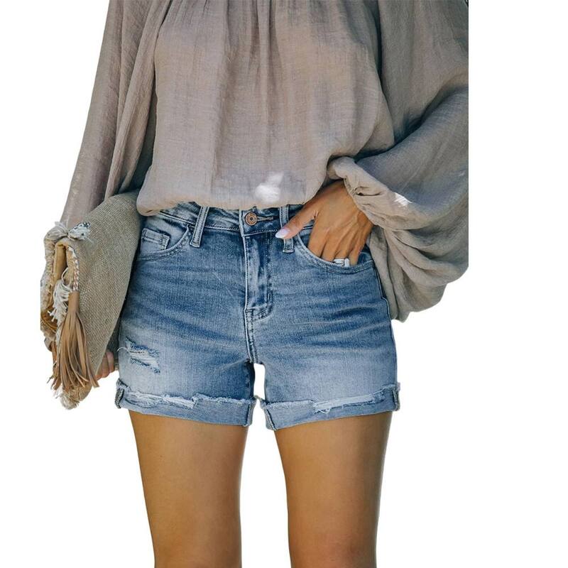 クリアフラワー レディース ボトムス ハーフパンツ・ショーツ ショートパンツ デニム ClearFlower Women's Mid Rise Distressedenim Shorts Rolled Raw Cuff Hem Classic Five Pocket Casual Jean Shorts Light Blue ブルー|ReVida 店