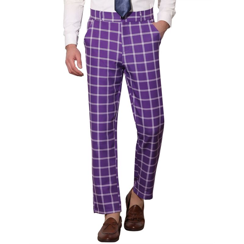 Lars Amadeus メンズ ボトムス カジュアルパンツ レギュラーフィット Lars Amadeus Mens Plaid Regular Fit Flat Front Classic Elastic Waist Suit Pants Purple パープル|ReVida 店