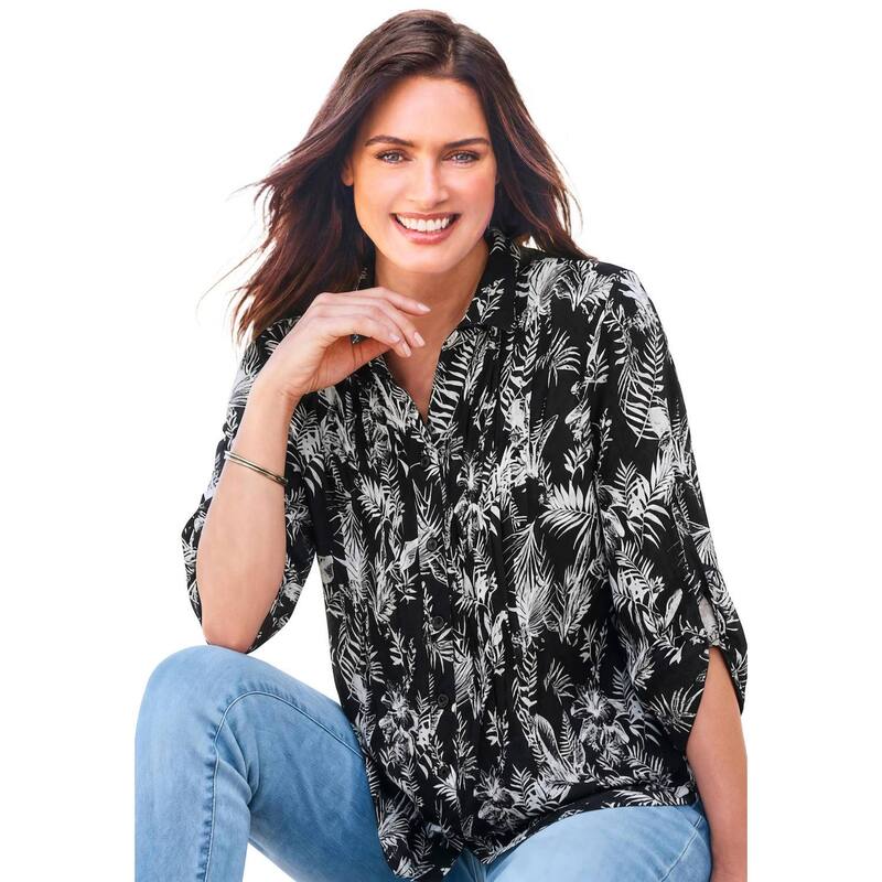 ウーマン ウィズイン レディース トップス シャツ ボタンダウン プラスサイズ ダウン Woman Within Plusize Pintucked Button Down Gauze Shirt Black Palm Paradise ブラック|ReVida 店