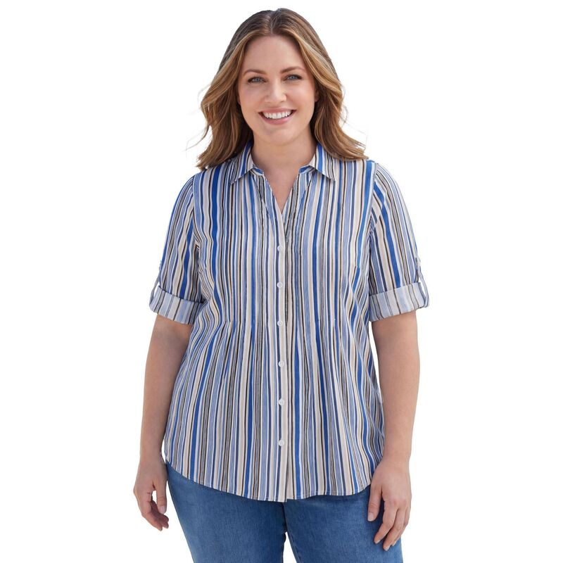 ウーマン ウィズイン レディース トップス シャツ ボタンダウン プラスサイズ ダウン Woman Within Plusize Pintucked Button Down Gauze Shirt Deep Cobalt Stripe コバルト|ReVida 店