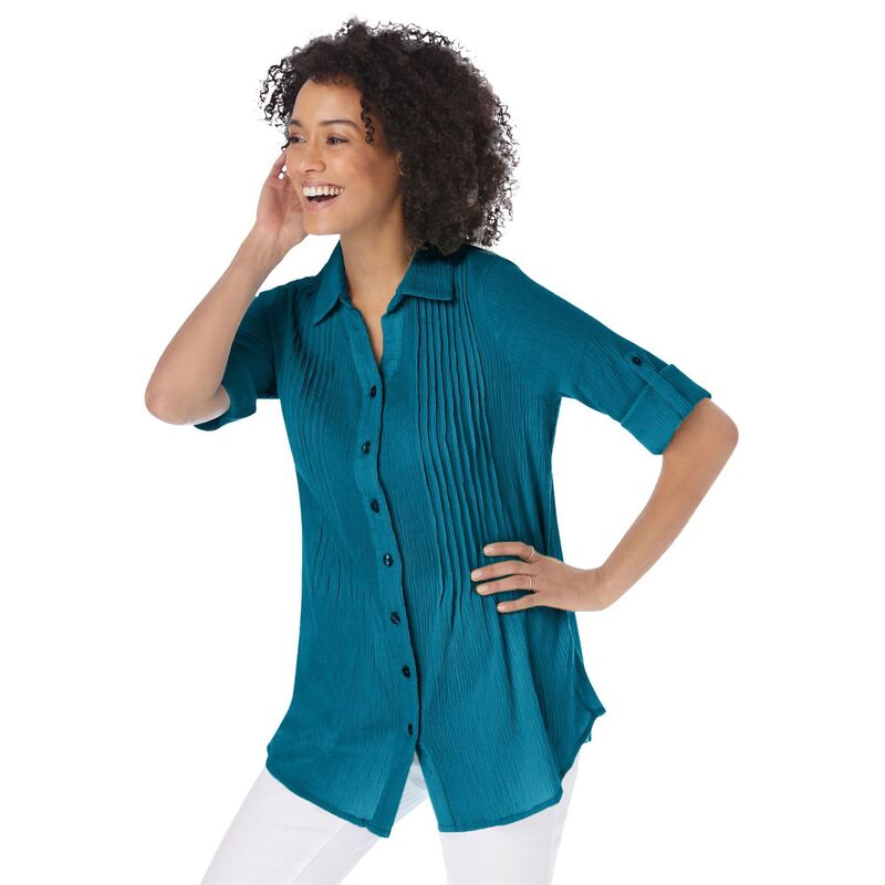 ウーマン ウィズイン レディース トップス シャツ ボタンダウン プラスサイズ ダウン Woman Within Plusize Pintucked Button Down Gauze Shirt Deep Teal ティール|ReVida 店