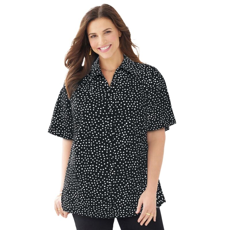 キャサリンズ レディース トップス シャツ プラスサイズ プチ ブラウス Catherines Women's Plusize Petite Timelesshort Sleeve Blouse Black Dot ブラック|ReVida 店