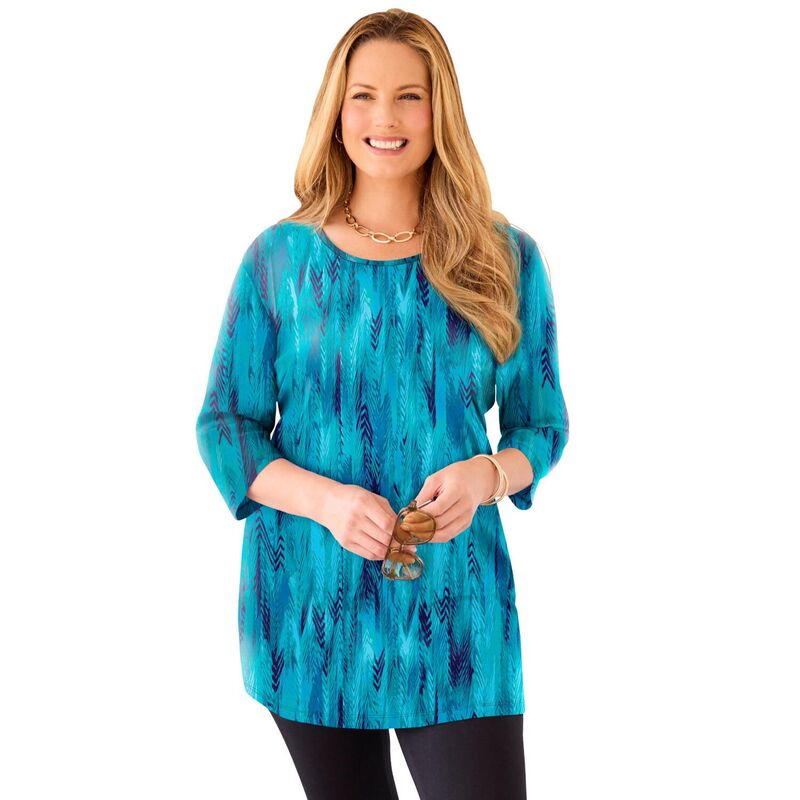 キャサリンズ レディース トップス Tシャツ プラスサイズ Catherines Women's Plusizeasy Fit 3/4-Sleeve Scoopneck Tunic Teal Blur red Feather ティール｜ReVida 店