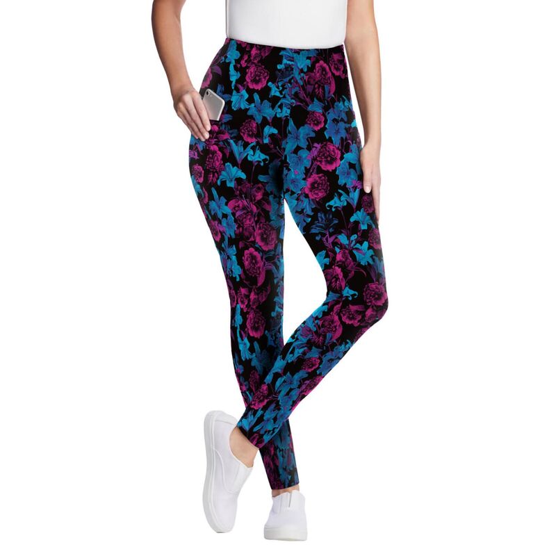 ウーマン ウィズイン レディース ボトムス カジュアルパンツ プラスサイズ プチ プリント コットン レギンス ニット Woman Within Plusize Petite Stretch-Cotton Knit Pull-On Printed Pocket Leggings Black Tealilies ブラック|ReVida 店