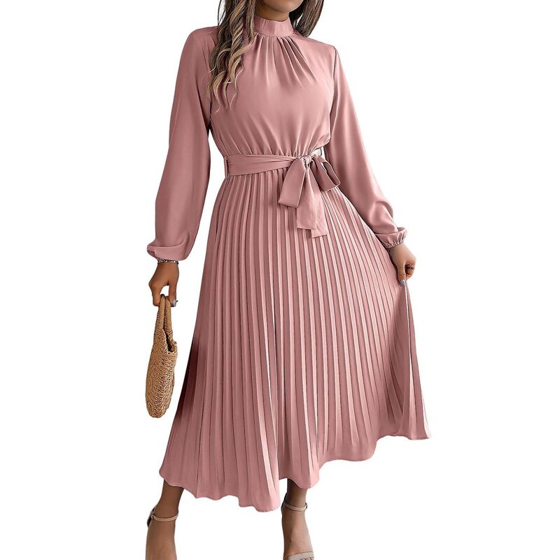 セオリア レディース トップス ワンピース A ライン プリーツ Seoria Women Pleatedress Long Sleeve Stand Up Collar A-Line Flowing Dress With Belt Pink ピンク｜ReVida 店