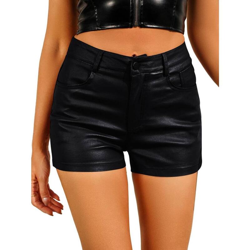 イエスファッション レディース ボトムス ハーフパンツ・ショーツ ハイウエスト ショートパンツ レザー フェイクレザー Yesfashion Women Faux Leather High Waist Legging Shortstretchy Shorts Black ブラック|ReVida 店