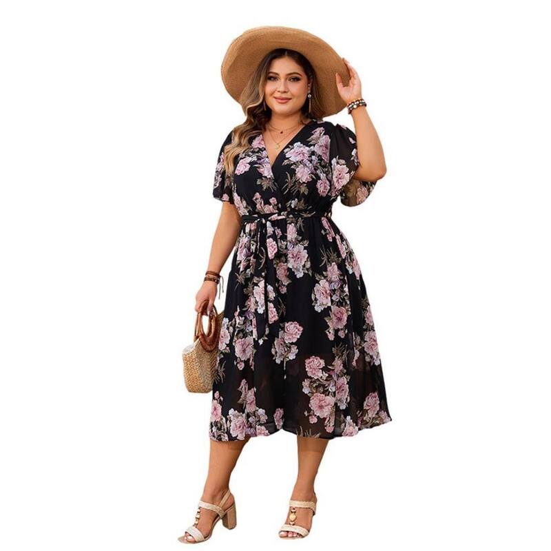 イエスファッション レディース トップス ワンピース Vネック フラワー柄 プラスサイズ ミディ フラワー Yesfashion Womens Plusize V Neck Floral Cocktail Party Midi Dresses Black ブラック｜ReVida 店
