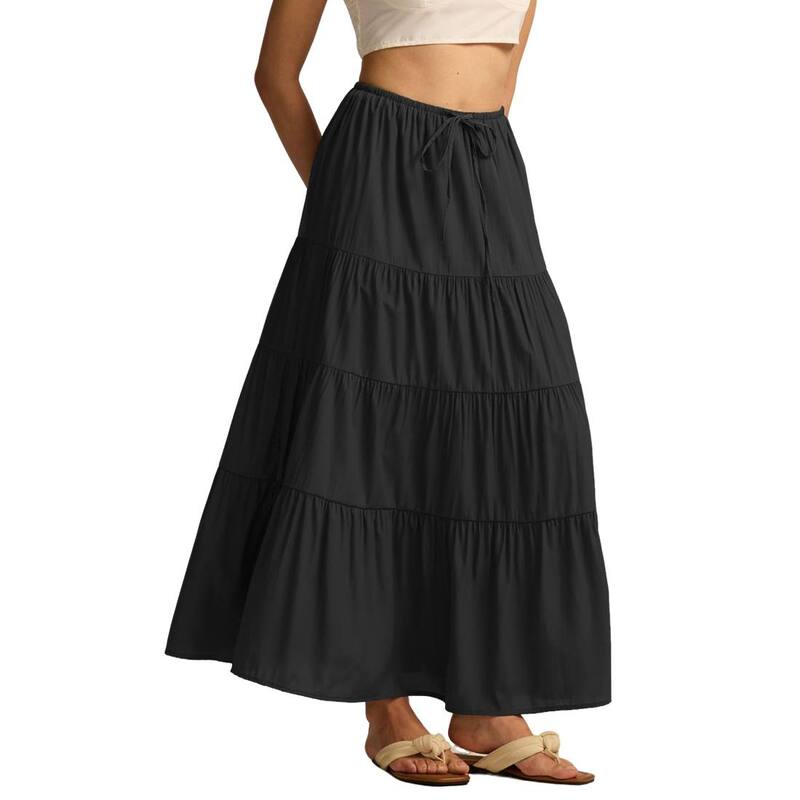 エリートスピリット レディース ボトムスカート ティアード マキシ EliteSpirit Womens Elastic Waist Drawstring Tie red Flowy Relaxed Maxi Skirt Black ブラック｜ReVida 店