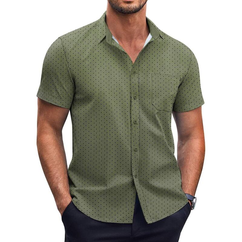 クーファンディ メンズ トップス Tシャツ レギュラーフィット プリント COOFANDY Mens Dresshirtshort Sleeve Regular Fit Casual Stylish Dot Print Button Up Shirt Army Green グリーン｜ReVida 店