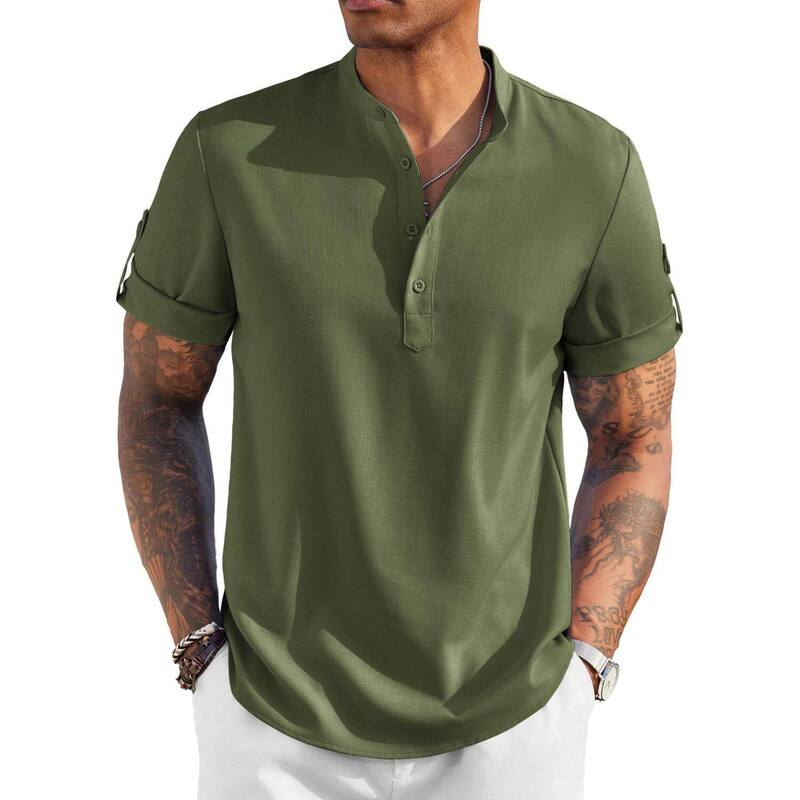 クーファンディ メンズ トップス Tシャツ リネン COOFANDY Men's Casual Henley Shirt Short Sleeve Band Collar Linen Shirt Summer Beach T-Shirts Army Green グリーン｜ReVida 店