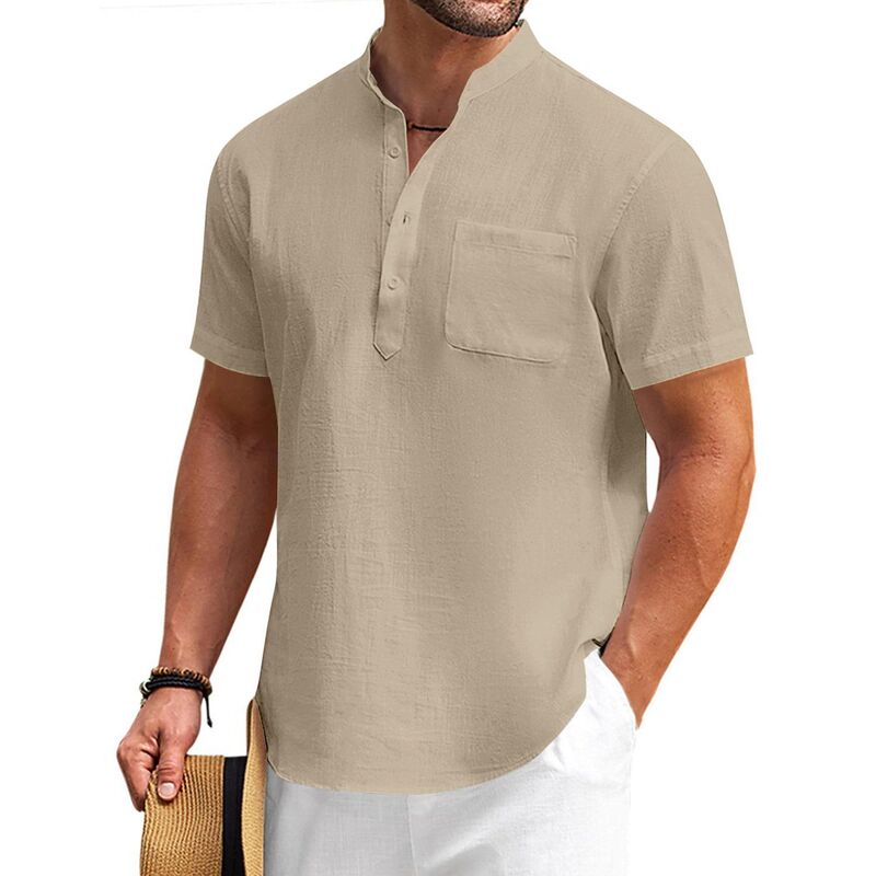 クーファンディ メンズ トップス Tシャツ コットン リネン COOFANDY Mens Cotton Linen Henley Shirt Casual Short Sleeve Tropical Shirts Beach T-Shirts Khaki カーキ｜ReVida 店