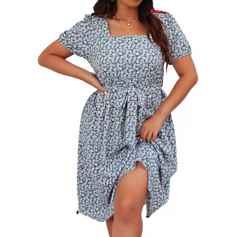 エリートスピリット レディース トップス ワンピース フラワー柄 プラスサイズ ミディ フラワー EliteSpirit Womens Plusize Square Neck Short Puff Sleeves Floral Pattern Self-Tie Belt Midi Dress Blue Floral ブルー｜ReVida 店